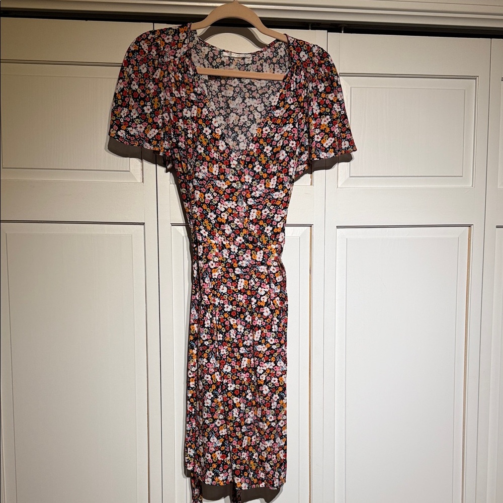 Cupshe Black Floral Wrap Midi Dress with Pink & Orange Blooms